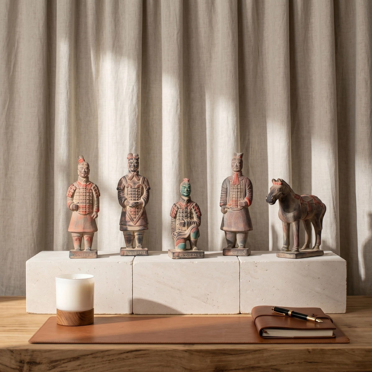20CM Painted Five Piece Set - CLAYARMY-Close-up shot highlighting the hand-painted precision on Clayarmy's 20CM Painted Terracotta Warrior and Horse collection.