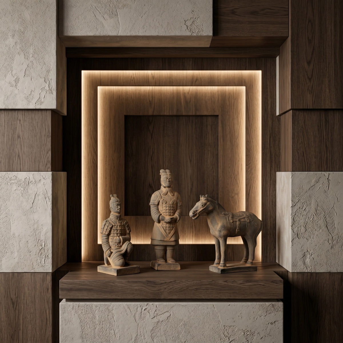 20CM Three Piece Set - CLAYARMY - Close-up shot showcasing the meticulous sculpting on Clayarmy's 20CM Terracotta Warrior and Horse ensemble.