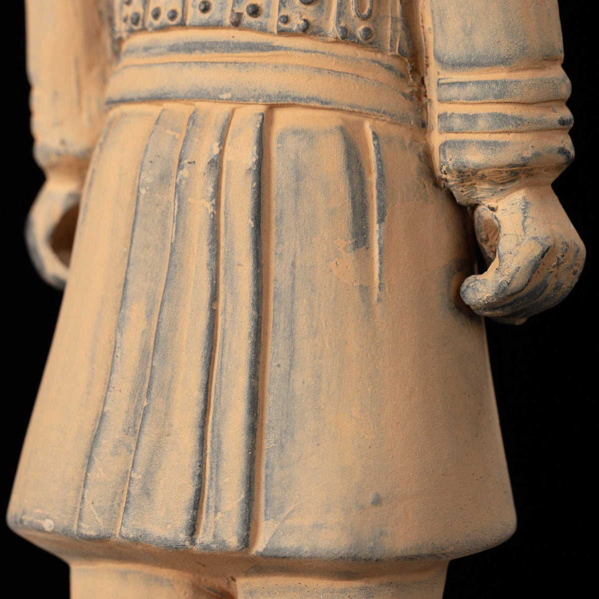 25CM Cavalryman - CLAYARMY-Striking oblique angle capturing the 25CM Terracotta Army Cavalryman's unique flat bun hairstyle and the detailed sculpting of the knee-length jacket.