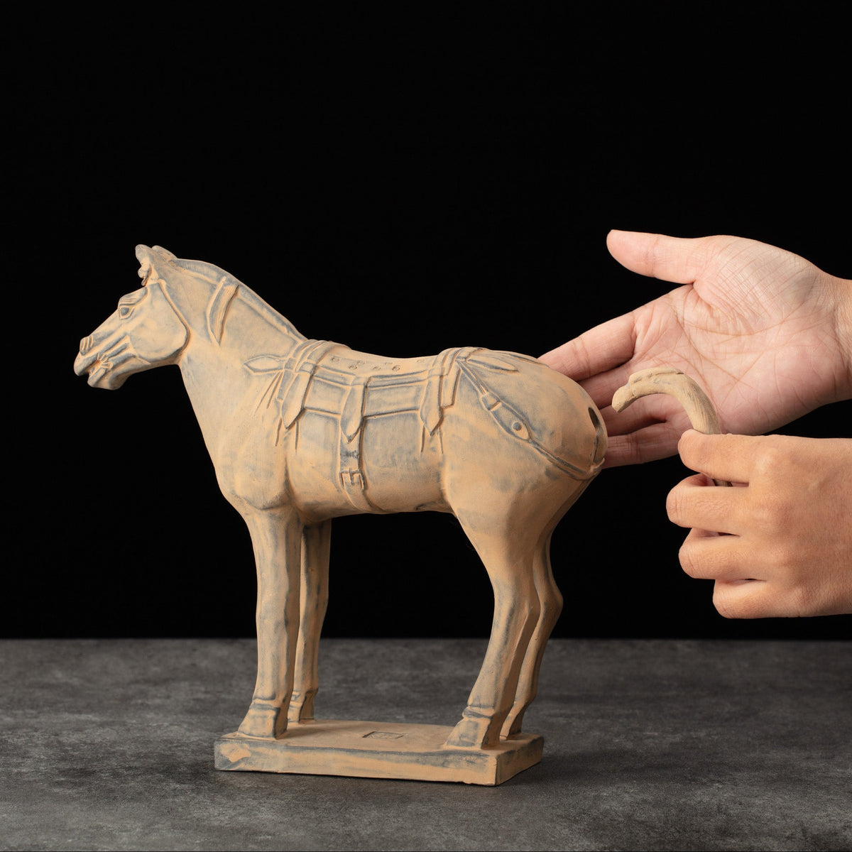 25CM Horse - CLAYARMY -Side profile showcasing the intricate details on the saddle of our 25CM Terracotta Horse replica.
