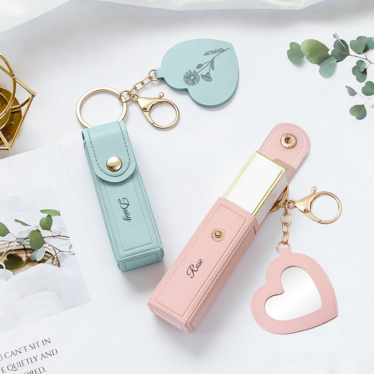 Personalized Lipstick Case with Floral Mirror & Chain
