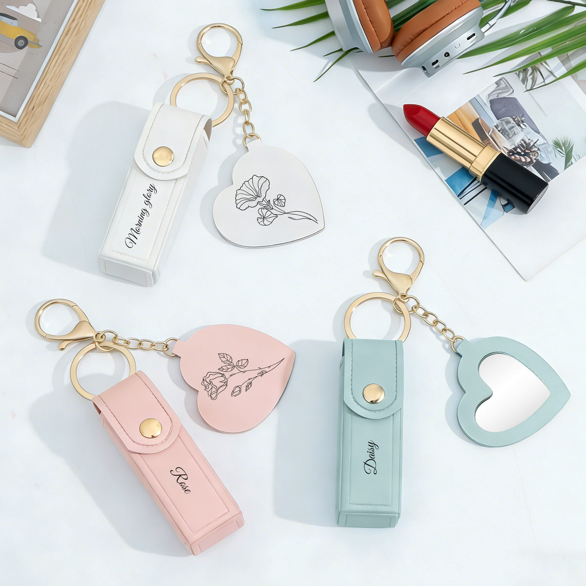 Personalized Lipstick Case with Floral Mirror & Chain