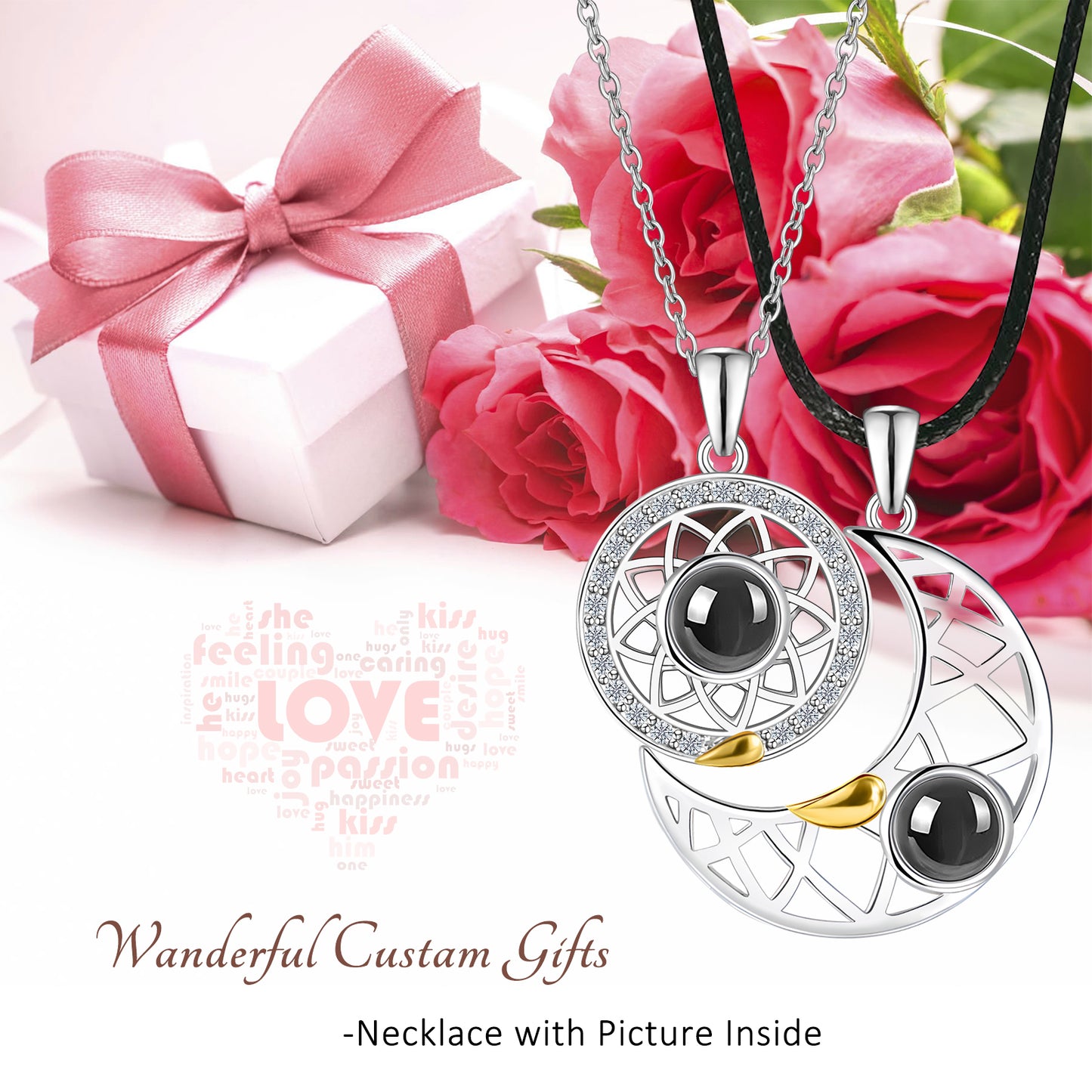 Partner-Halskettenset „Sonne und Mond“ – Projektionsanhänger mit Diamant- und Goldakzenten