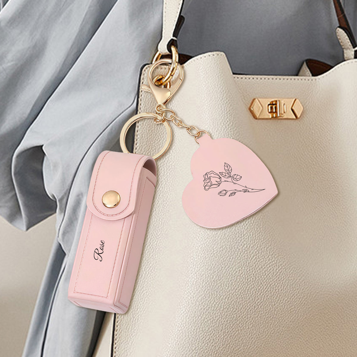 Personalized Lipstick Case with Floral Mirror & Chain