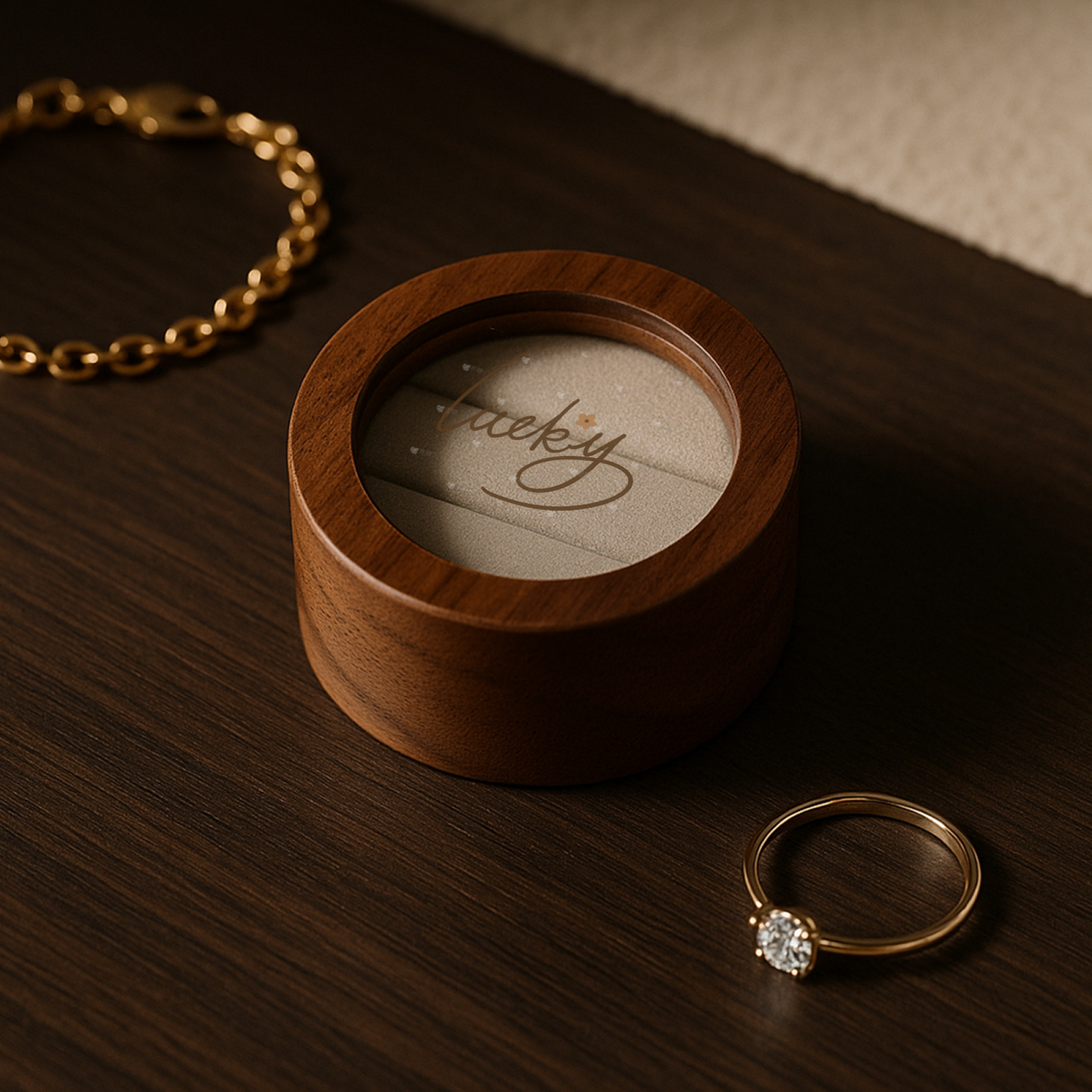 Runde Schmuckschatulle aus Walnussholz – Erinnerungsstück mit individuellem Text und Muster
