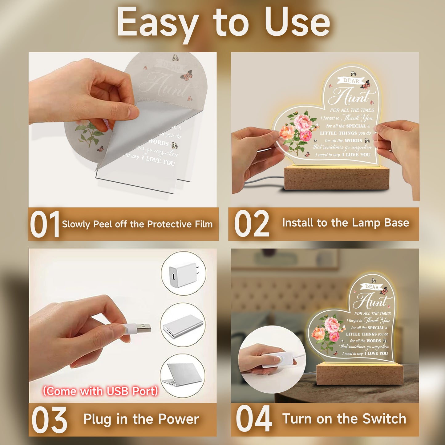 Veilleuse en acrylique en forme de cœur personnalisée - Cadre floral et message gravé au laser