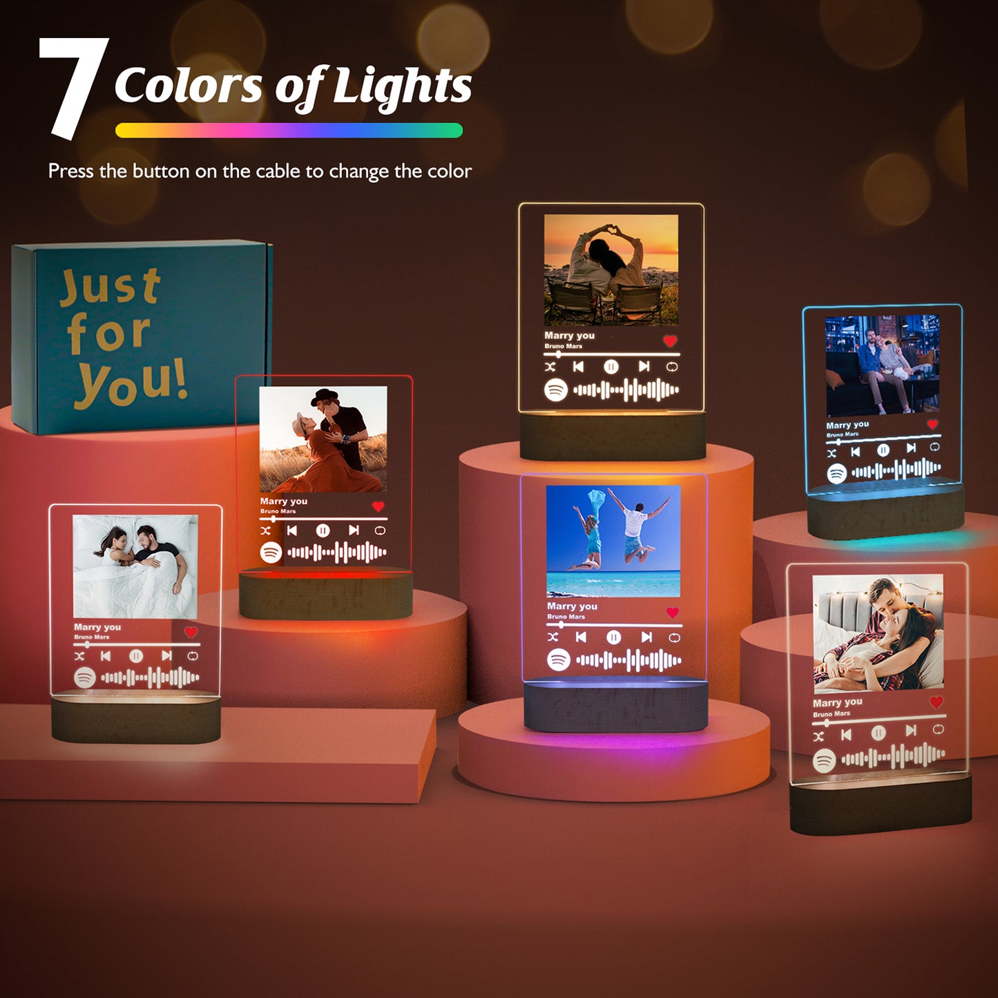 Cube lumineux de nuit personnalisé 7 couleurs - Téléchargez une photo et un message pour votre lampe de chevet