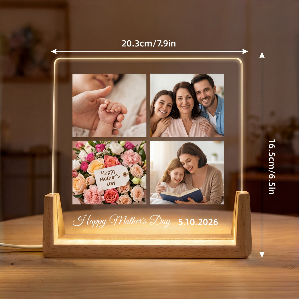 Lámpara de noche LED con collage de 1 a 5 fotos personalizado - Lámpara acrílica personalizada con base de madera para parejas, familia y amigos