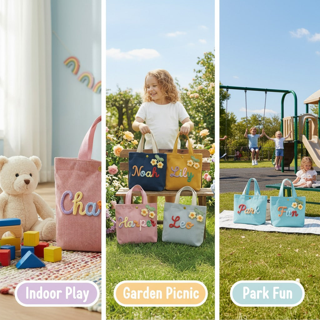 Bolso tote de pana floral 3D de ganchillo personalizado para niños - Bolso de viaje escolar para niña con nombre personalizado, regalo de cumpleaños hecho a mano para hija, nieta