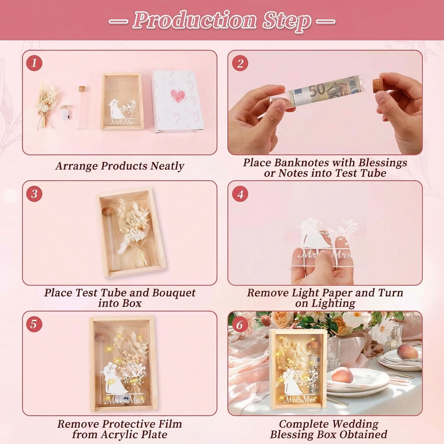 Personalisierte Hochzeitserinnerungsbox mit Lichterkette und Trockenblumen