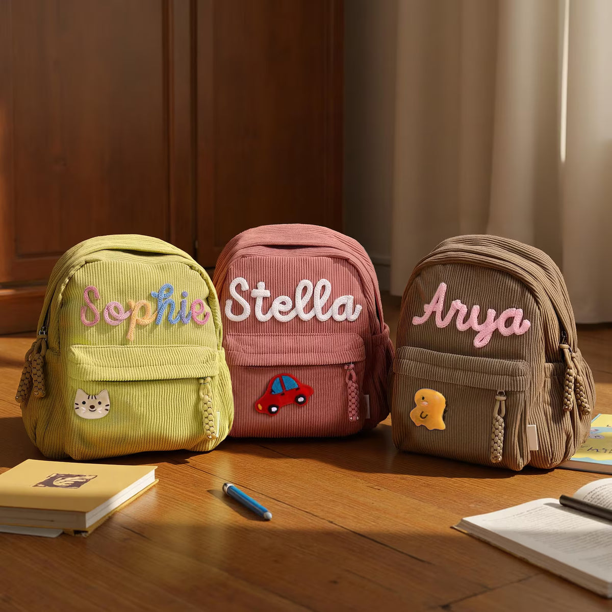 Mochilas de Pana Personalizadas a Juego para la Familia - Bordado 3D de Nombre Hinchado Personalizado, Asa de Cuerda de Algodón Tejida a Mano, Regalo Perfecto para Mamá e Hija/o para Cumpleaños, Viajes