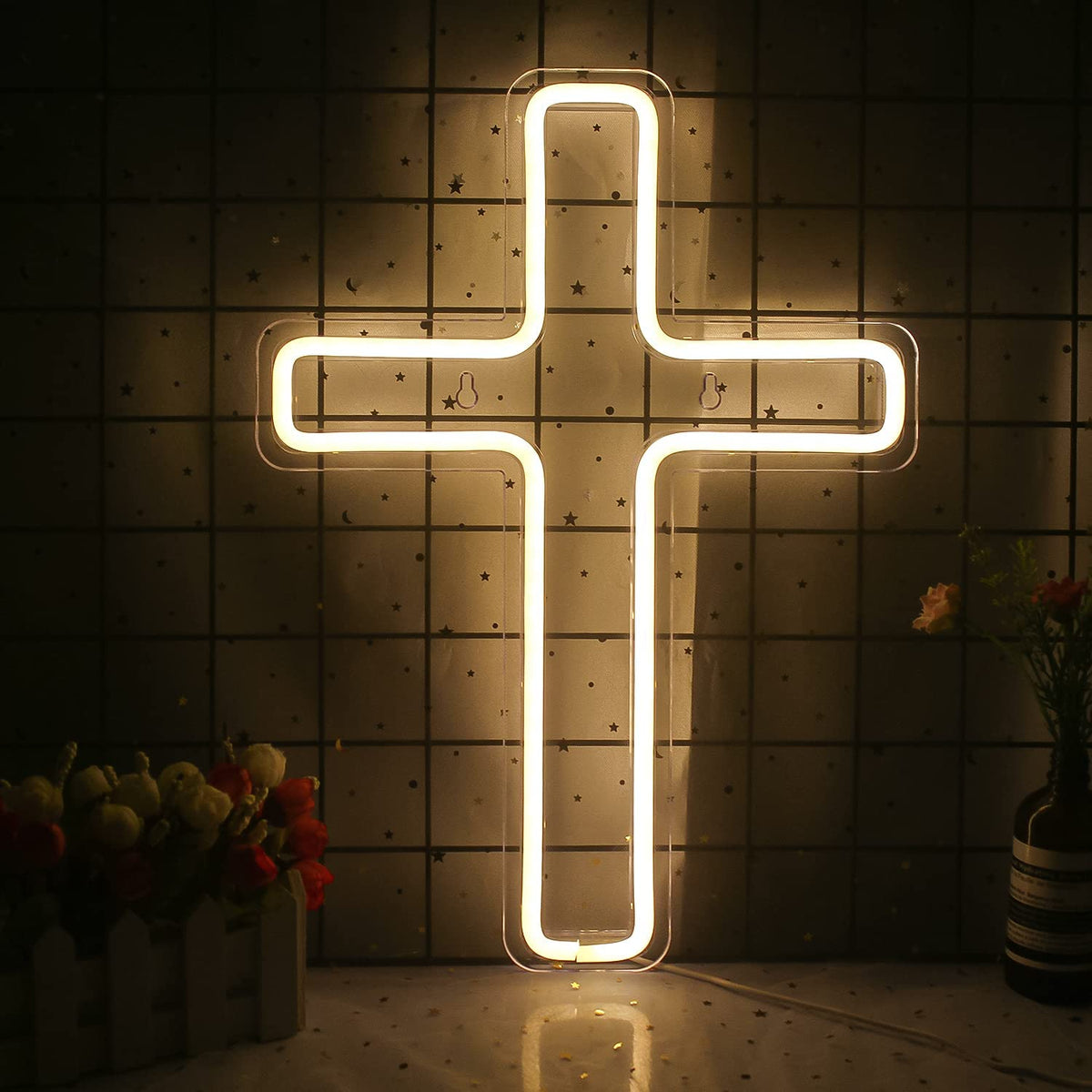 Luz Neon LED Cruz - Sinal Noturno Decorativo Branco Quente