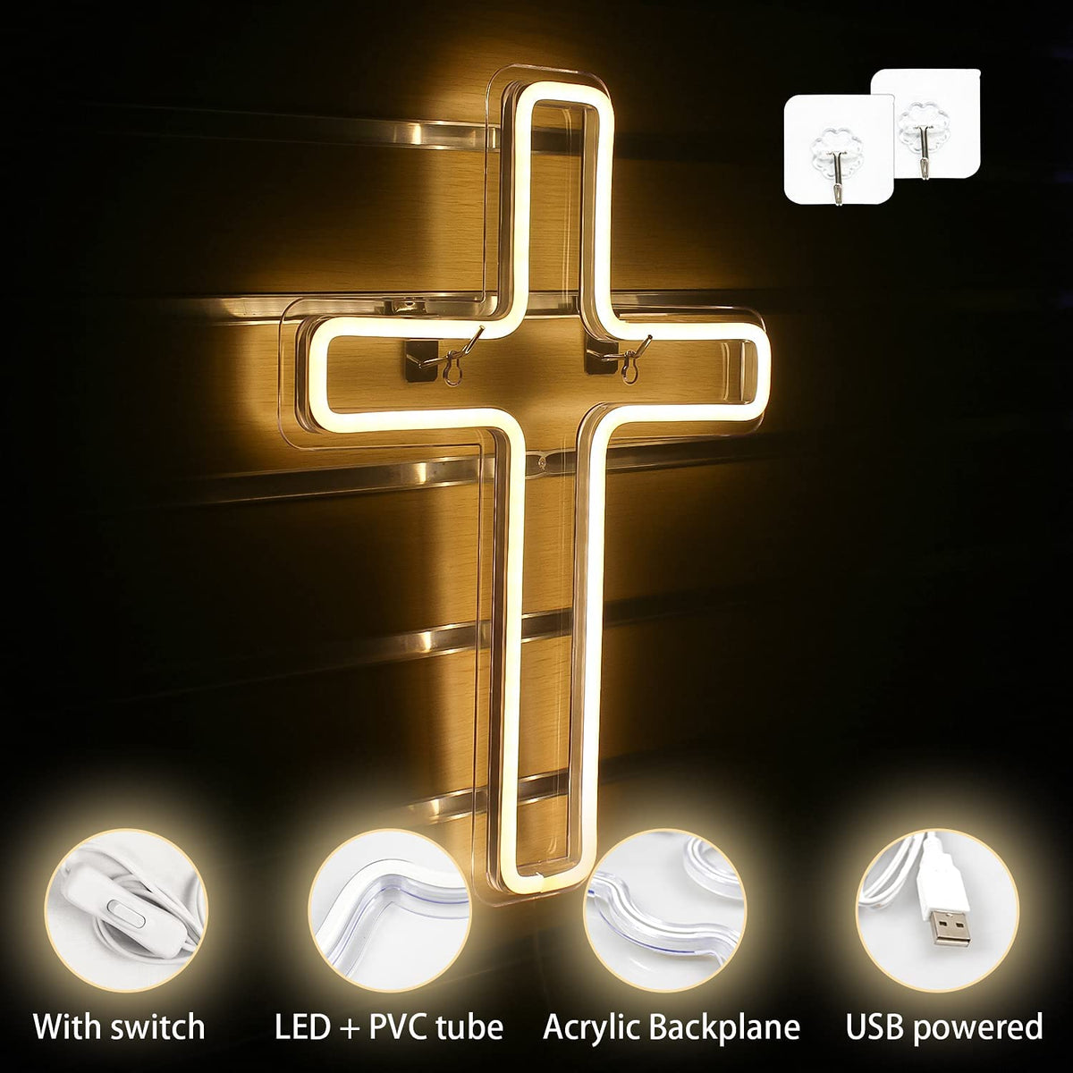 Luz Neon LED Cruz - Sinal Noturno Decorativo Branco Quente