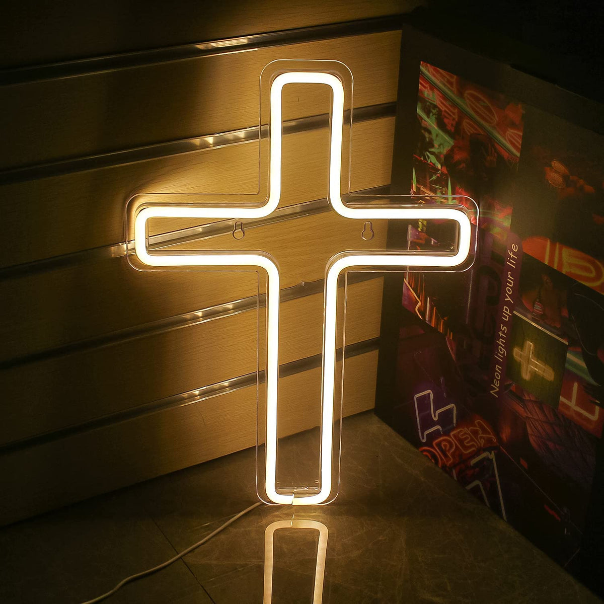 Luz Neon LED Cruz - Sinal Noturno Decorativo Branco Quente