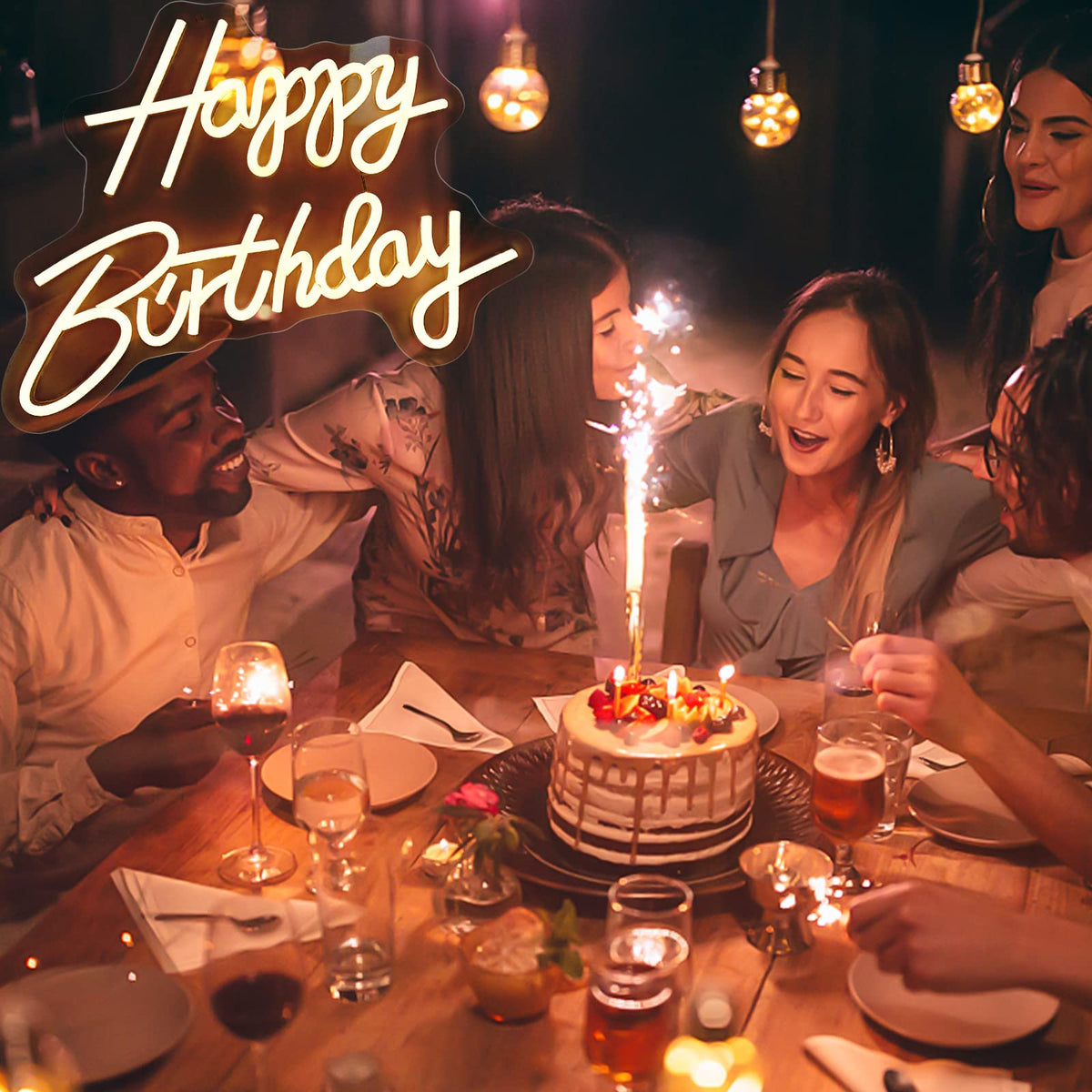 Letrero de neón LED de feliz cumpleaños - Luz de fiesta más brillante y brillo de recuerdos