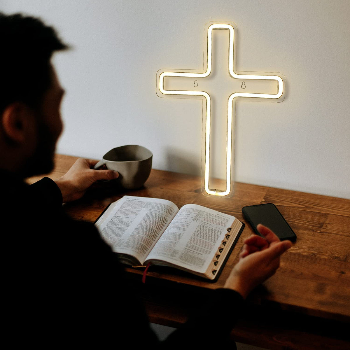 Luz Neon LED Cruz - Sinal Noturno Decorativo Branco Quente