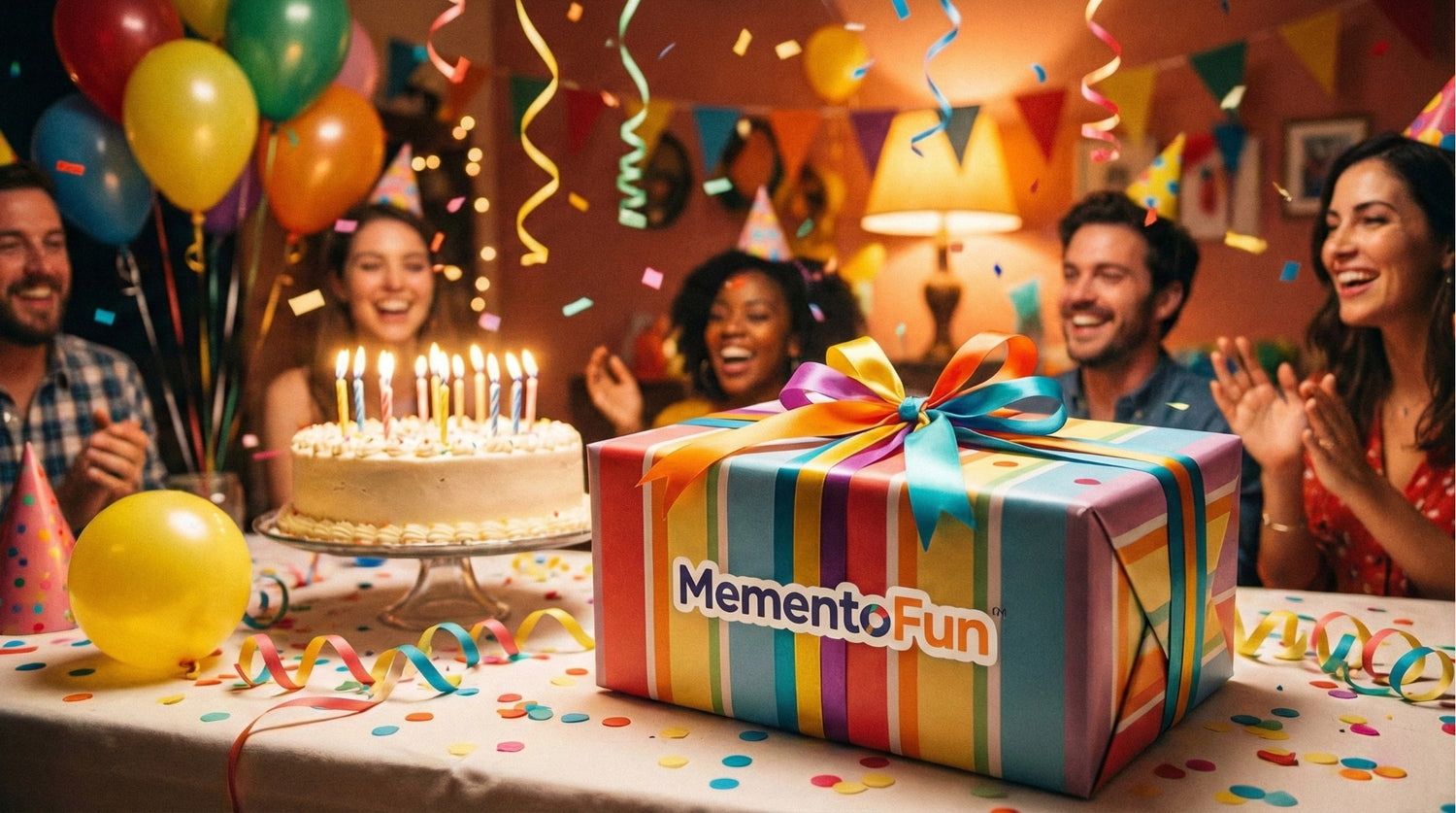 A vibrant birthday party scene featuring a colorful, wrapped MementoFun gift box in the foreground. In the background, happy friends celebrate around a birthday cake with lit candles, balloons, confetti, and streamers. Ideal image for personalized birthday gift ideas.