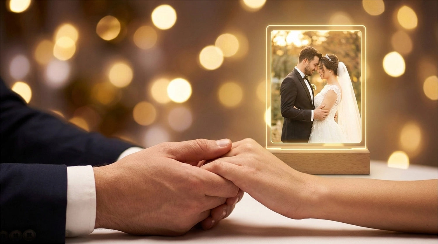 Close-up of a couple's hands holding each other with a MementoFun custom photo night light in the background. The glowing personalized lamp features a wedding photo of a bride and groom, set against a warm, romantic bokeh background. Ideal for personalized wedding gifts and anniversary keepsakes.