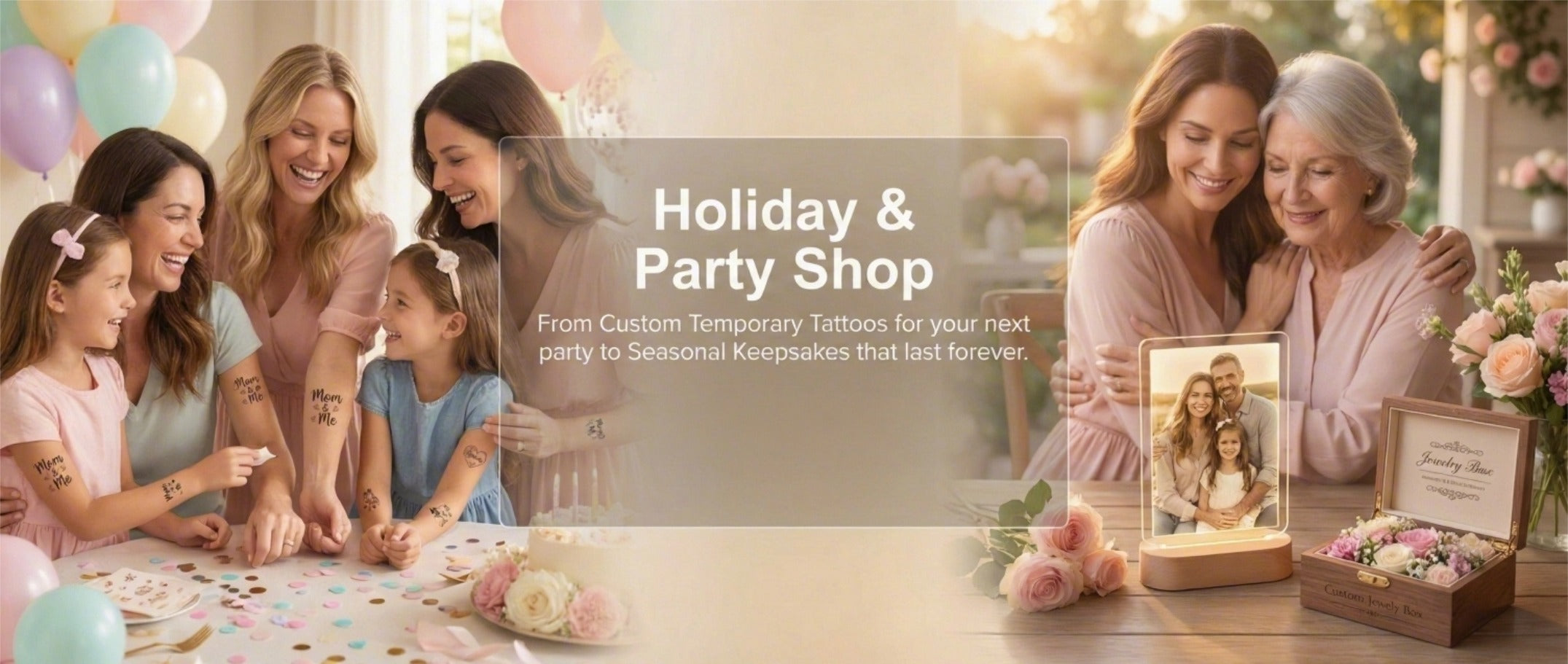 A wide horizontal banner for the MementoFun Holiday & Party Shop with a heartwarming Mother's Day theme. The left side shows mothers and daughters enjoying custom temporary tattoos at a festive party. The right side features a mother and daughter embracing next to personalized keepsakes, including a custom photo night light and a floral jewelry box. Text overlay: Holiday & Party Shop - From Custom Temporary Tattoos to Seasonal Keepsakes. Button: View Holiday Specials.