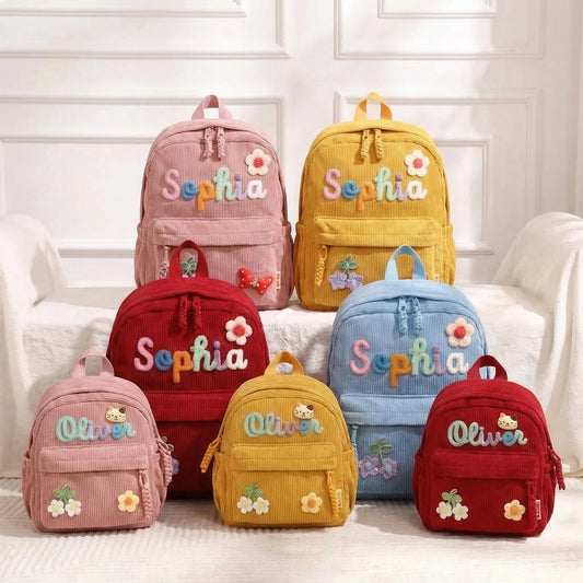 Mochilas de Pana Personalizadas a Juego para la Familia - Bordado 3D de Nombre Hinchado Personalizado, Asa de Cuerda de Algodón Tejida a Mano, Regalo Perfecto para Mamá e Hija/o para Cumpleaños, Viajes