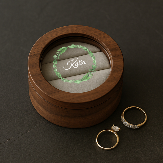 Walnut Circular Jewelry Box - Custom Text and Pattern Keepsake with Clear Lid