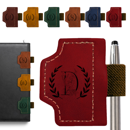 Personalized Magnetic Leather Bookmark with Pen Holder - Monogram Wreath [Letter] Floral Emblem