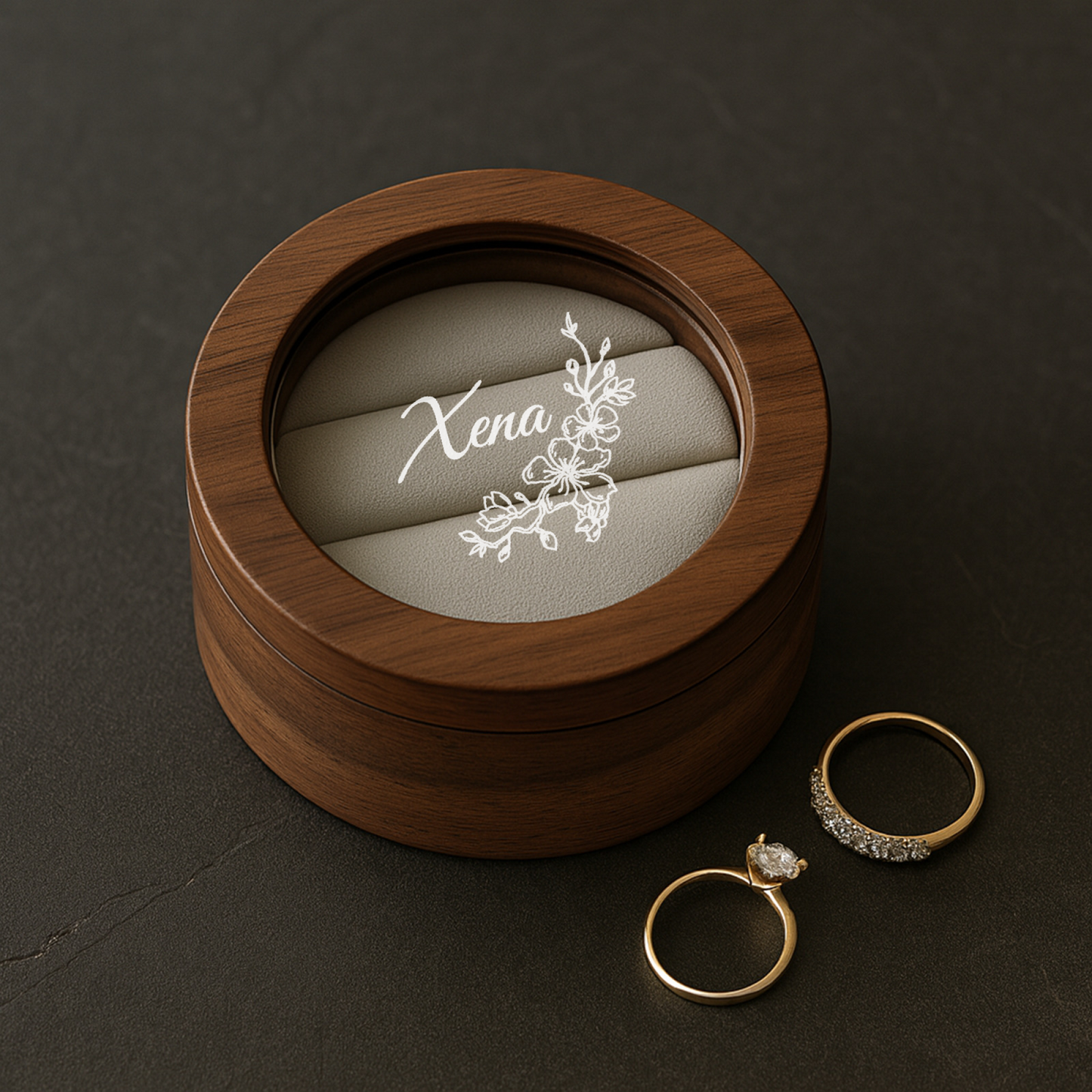 Runde Schmuckschatulle aus Walnussholz – Individuell gestaltete Erinnerungsbox mit transparentem Deckel und transparentem Deckel.