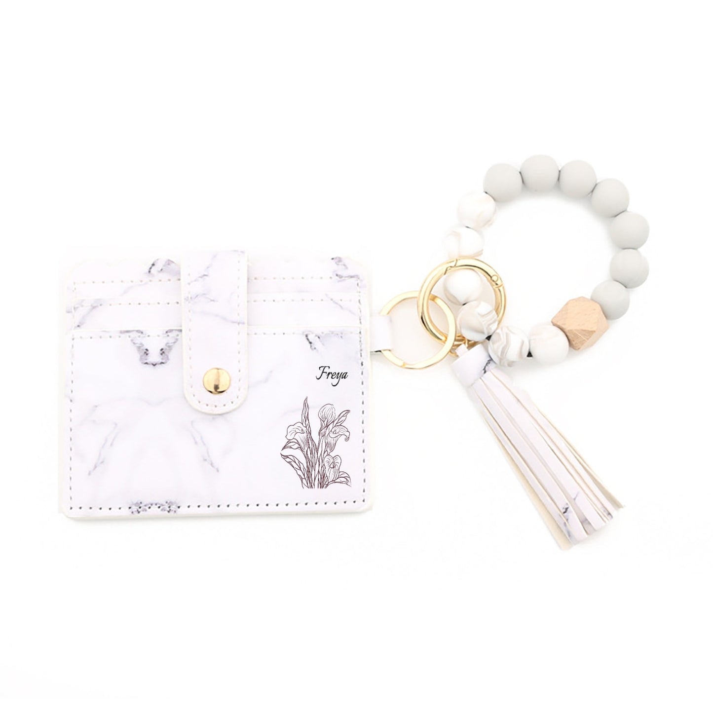 Personalisierter floraler Kartenhalter mit Perlenarmband und Quaste