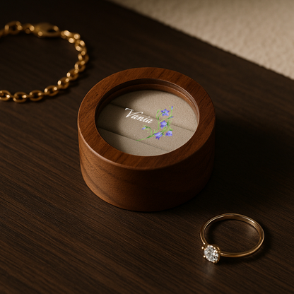 Runde Schmuckschatulle aus Walnussholz mit individuellem Deckel – personalisiertes Erinnerungsstück mit Text und Muster