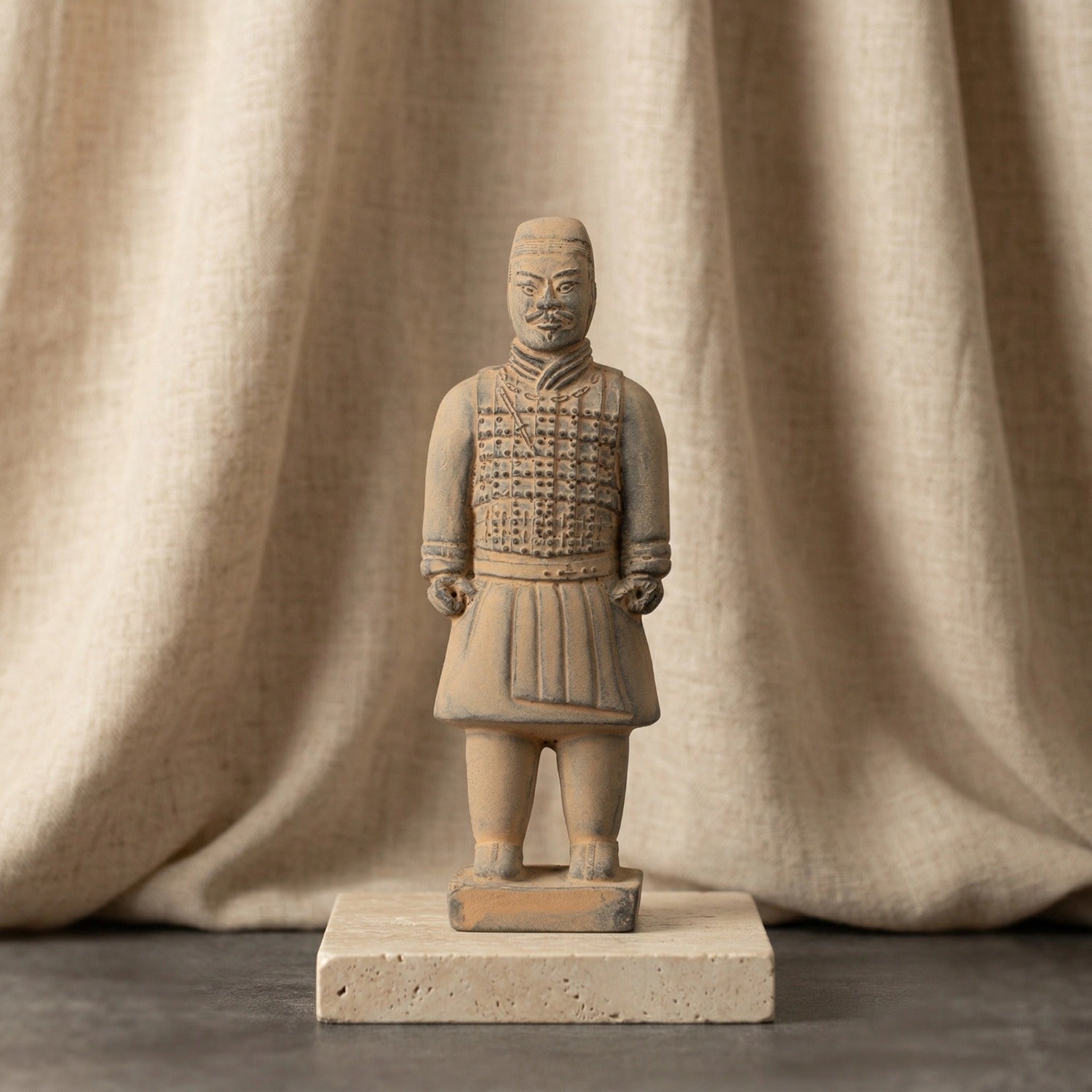 15CM Cavalryman - CLAYARMY-Detailed front view of the 15CM Terracotta Army Cavalryman figurine, showcasing intricate armor and unique flat bun hairstyle.