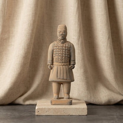 15CM Cavalryman - CLAYARMY-Detailed front view of the 15CM Terracotta Army Cavalryman figurine, showcasing intricate armor and unique flat bun hairstyle.