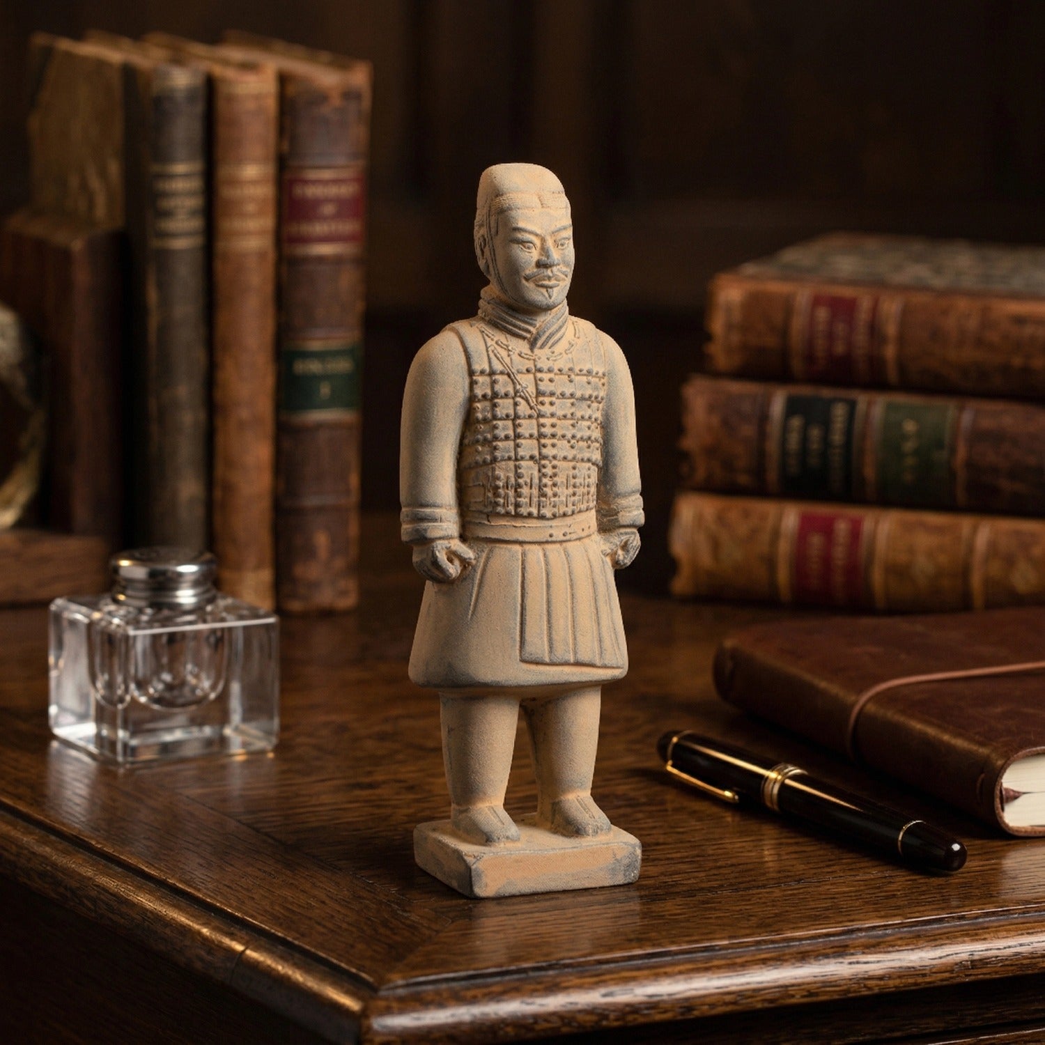 15CM Cavalryman - CLAYARMY-Detailed front view of the 15CM Terracotta Army Cavalryman figurine, showcasing intricate armor and unique flat bun hairstyle.
