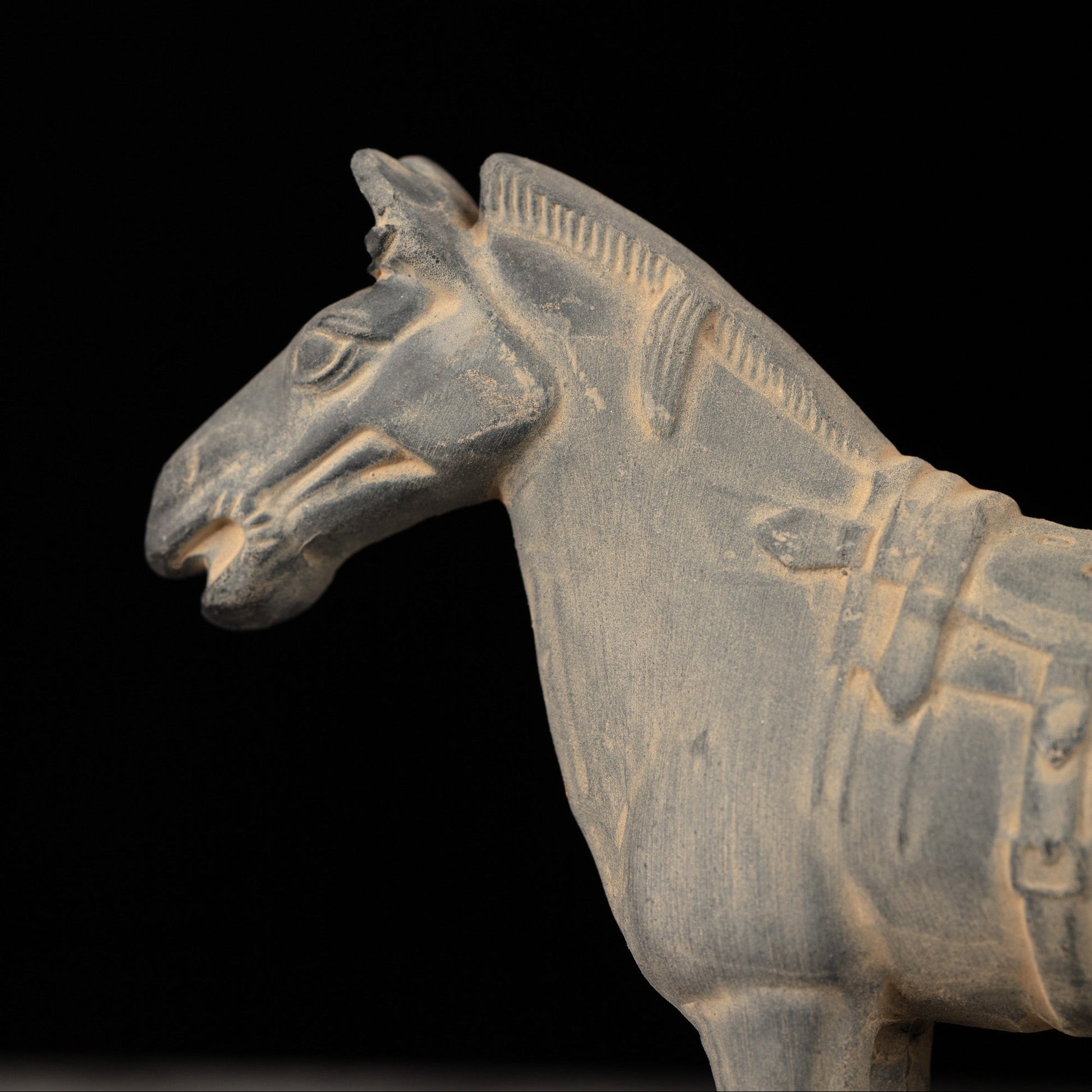 15CM Horse - CLAYARMY -Side profile showcasing the intricate details on the saddle of our 15CM Terracotta Horse replica.