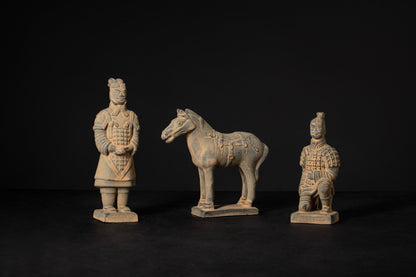 20CM Three Piece Set - CLAYARMY - Close-up shot showcasing the meticulous sculpting on Clayarmy's 20CM Terracotta Warrior and Horse ensemble.