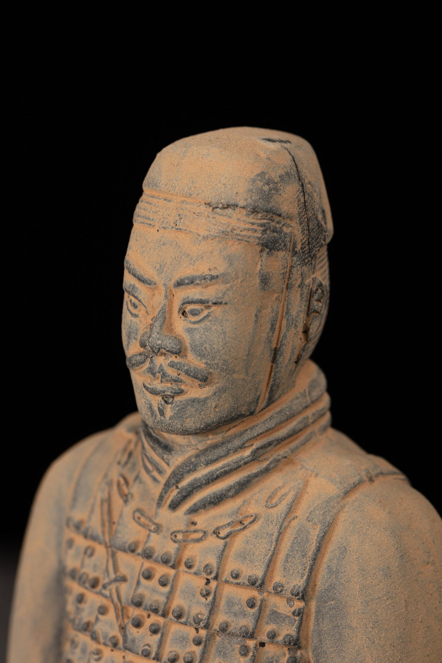 15CM Cavalryman - CLAYARMY-Unique top-down perspective of the 15CM Terracotta Army Cavalryman, emphasizing the intricate details of the flat bun and facial features.