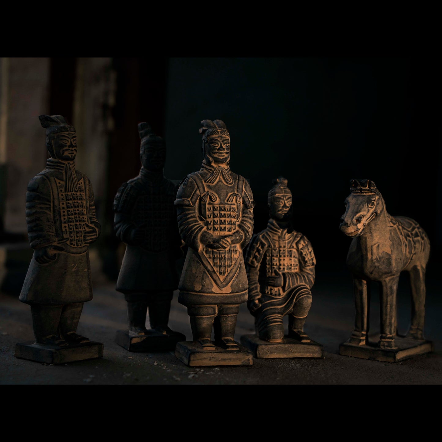 Artistic portrayal of the 15CM Terracotta Warriors and Horse Ensemble, capturing the essence of Qin Dynasty's imperial grandeur.