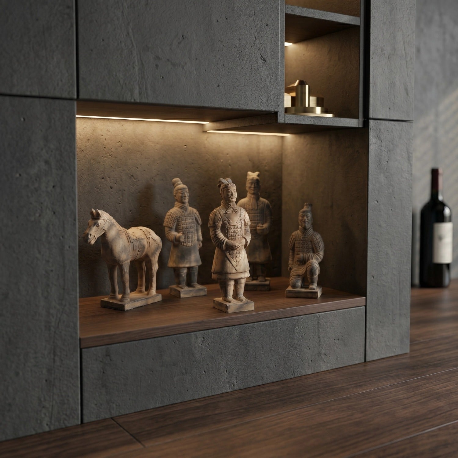 Artistic portrayal of the 15CM Terracotta Warriors and Horse Ensemble, capturing the essence of Qin Dynasty's imperial grandeur.