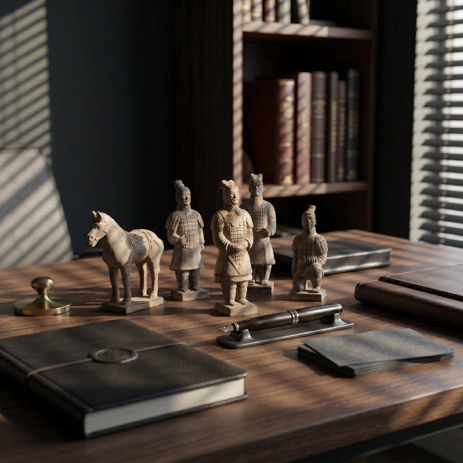 Artistic portrayal of the 15CM Terracotta Warriors and Horse Ensemble, capturing the essence of Qin Dynasty's imperial grandeur.