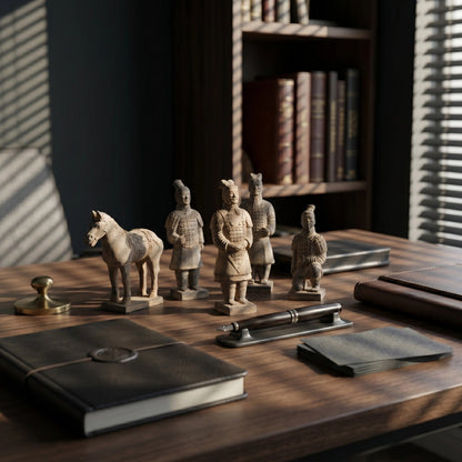 Artistic portrayal of the 15CM Terracotta Warriors and Horse Ensemble, capturing the essence of Qin Dynasty's imperial grandeur.