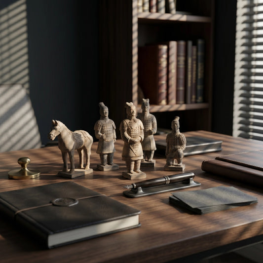 Artistic portrayal of the 15CM Terracotta Warriors and Horse Ensemble, capturing the essence of Qin Dynasty's imperial grandeur.