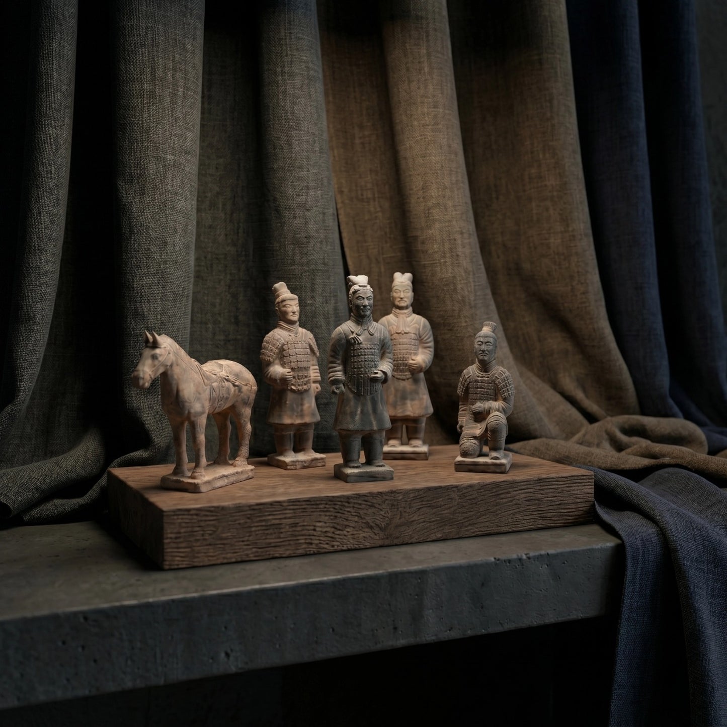 Artistic portrayal of the 15CM Terracotta Warriors and Horse Ensemble, capturing the essence of Qin Dynasty's imperial grandeur.