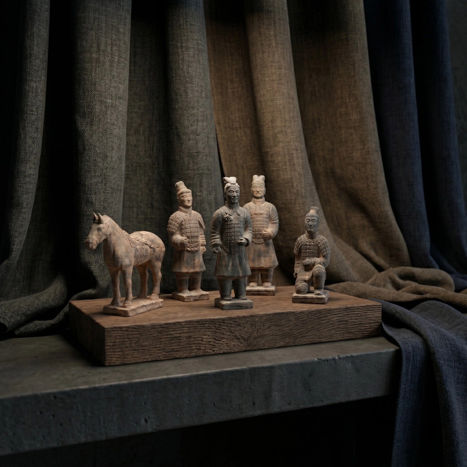 Artistic portrayal of the 15CM Terracotta Warriors and Horse Ensemble, capturing the essence of Qin Dynasty's imperial grandeur.
