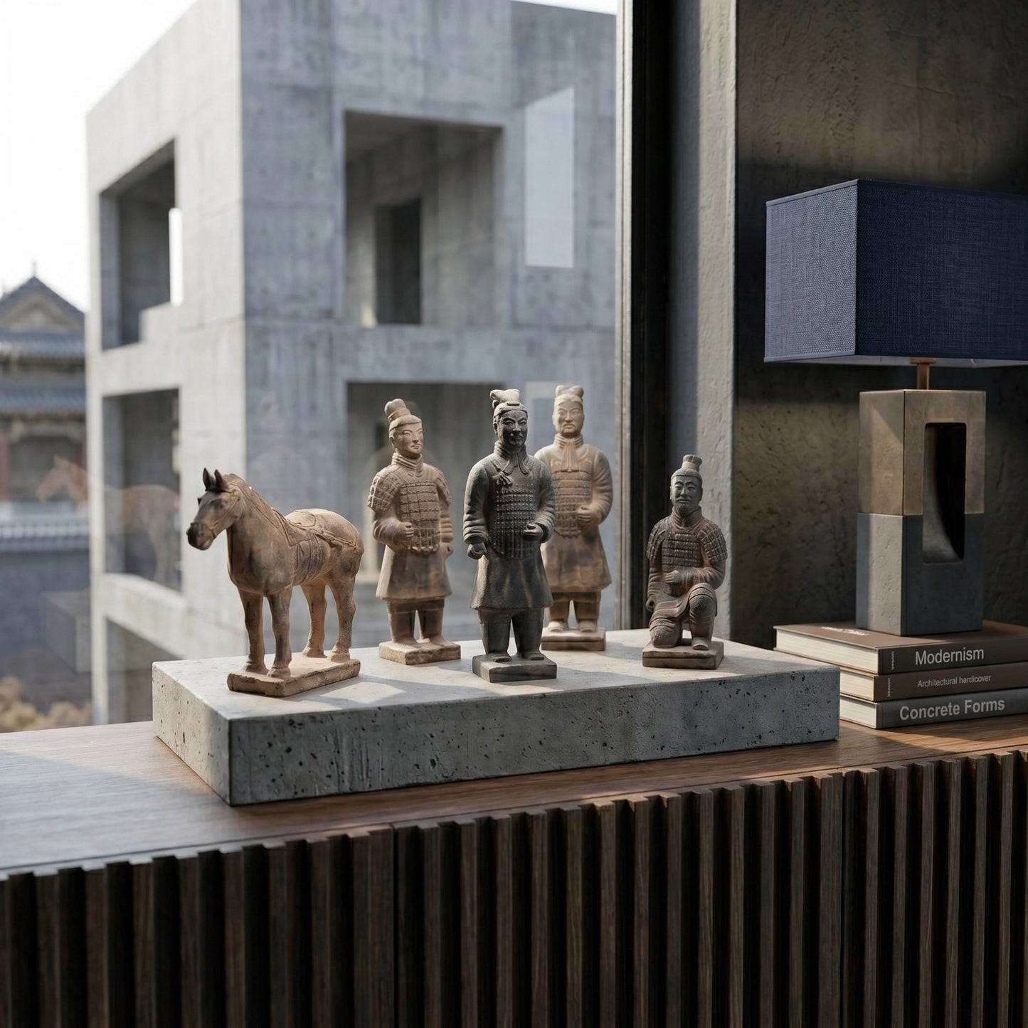 Artistic portrayal of the 15CM Terracotta Warriors and Horse Ensemble, capturing the essence of Qin Dynasty's imperial grandeur.
