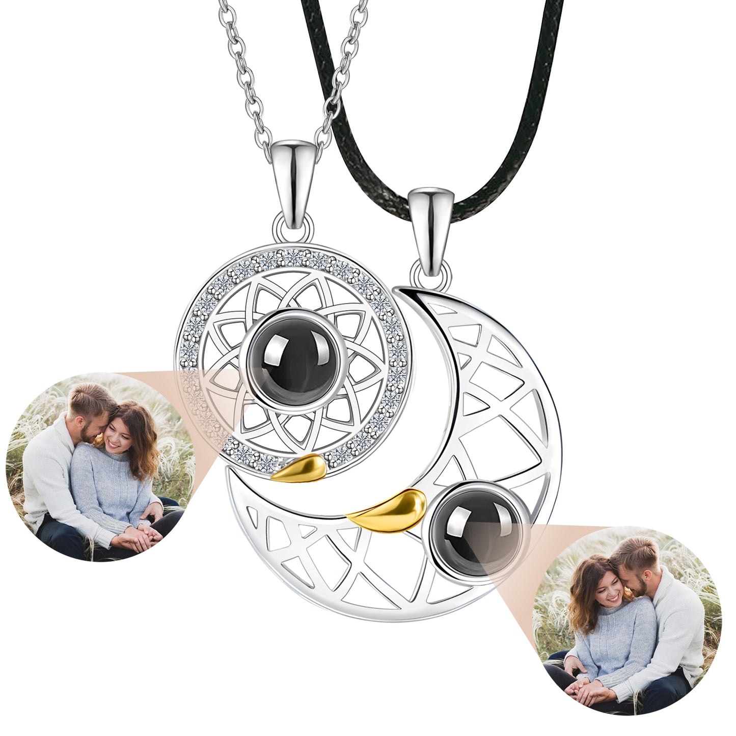Partner-Halskettenset „Sonne und Mond“ – Projektionsanhänger mit Diamant- und Goldakzenten