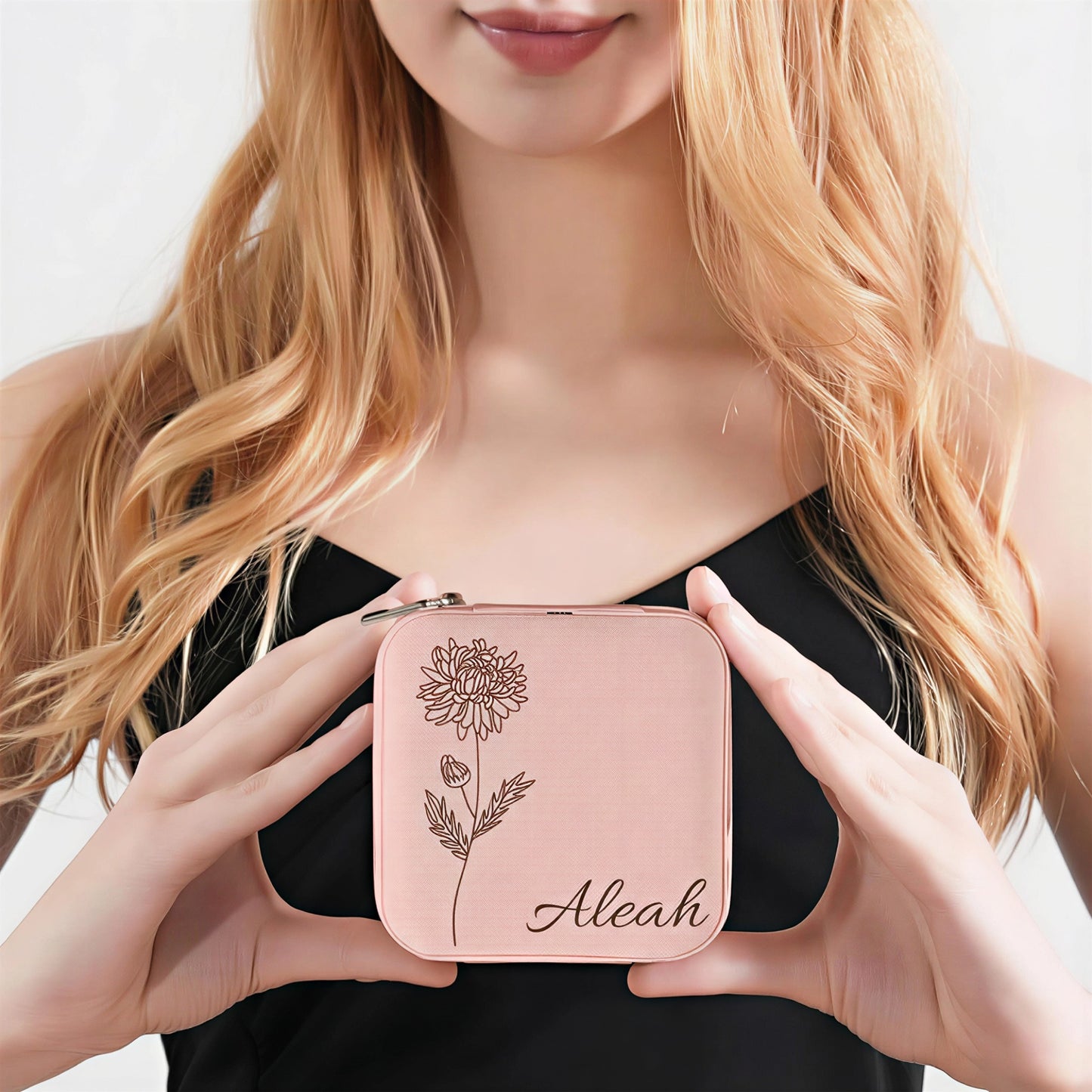 Personalisierte Schmuckschatulle – Individueller Name &amp; zarte, liniengezeichnete Blumenstrauß-Erinnerung mit Spiegel