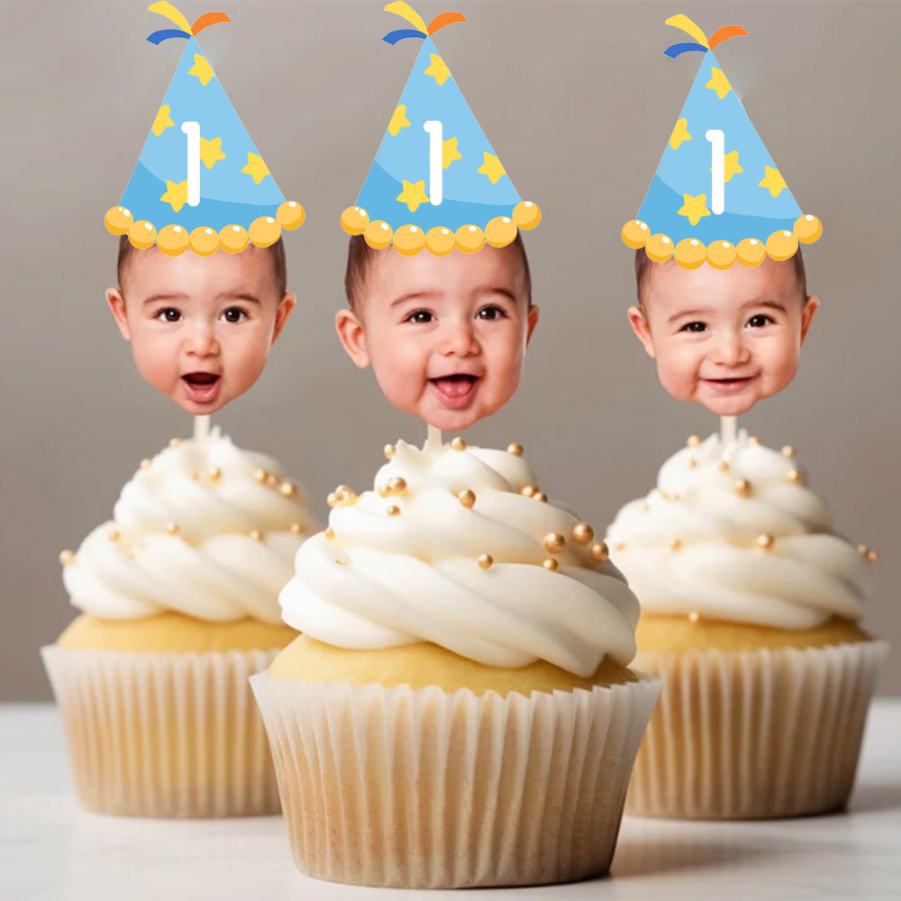 Décoration de cupcake personnalisée avec photo du visage - Chapeau de fête personnalisé pour anniversaires et événements importants