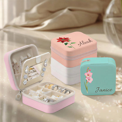 Personalisierte Schmuckschatulle – Individueller Name &amp; farbenfrohes Blumenbouquet-Motiv, inklusive Spiegel