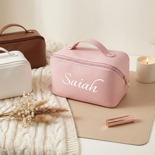 Personalized Travel Makeup Bag - Custom Name Large Capacity PU Leather Cosmetic Case with Dividers