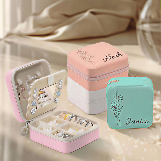 Personalized Jewelry Box - Custom Name & Delicate Line-drawn Bouquet Keepsake with Mirror