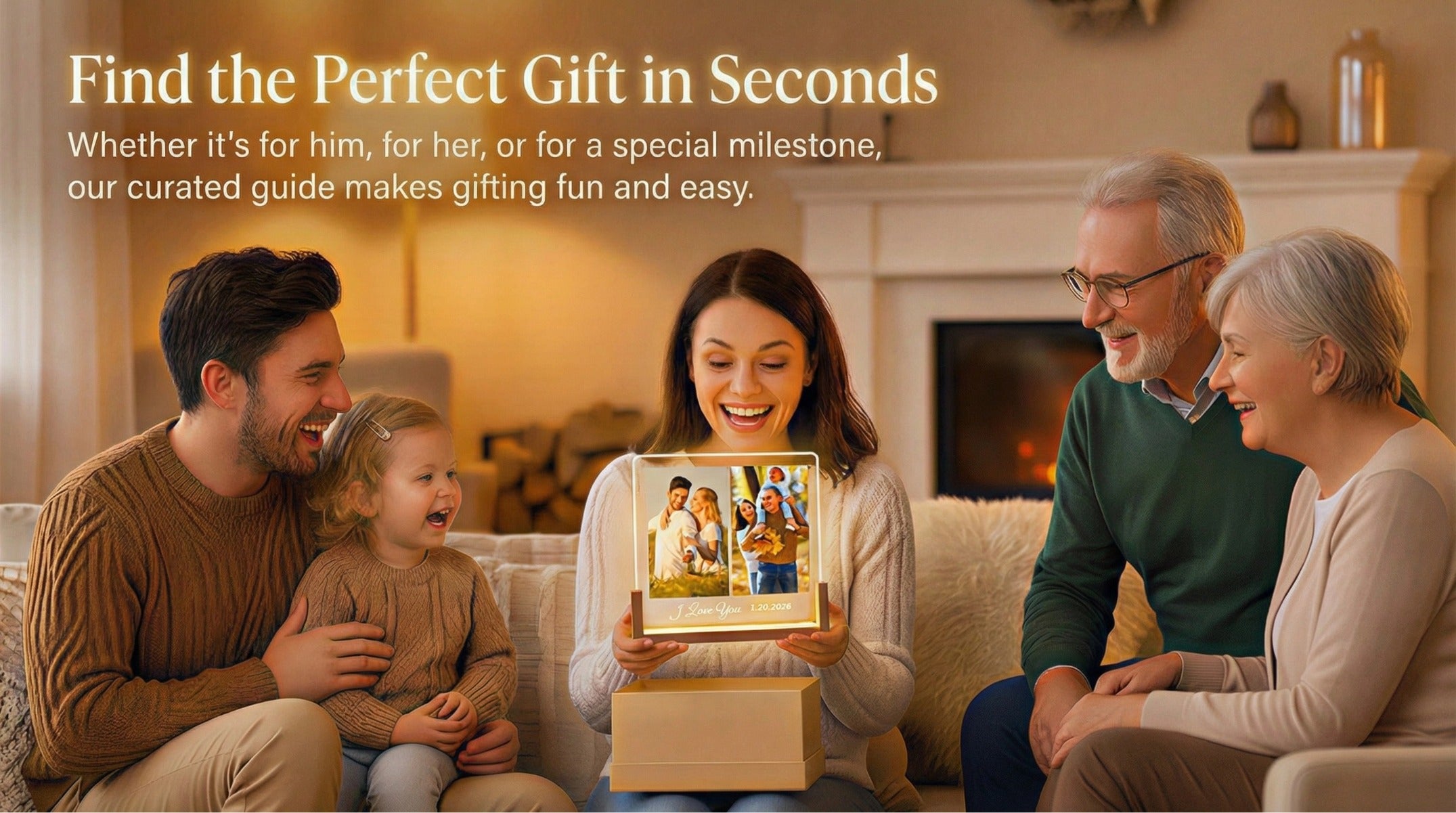 A heartwarming family scene in a cozy living room where a woman joyfully unboxes a MementoFun personalized photo night light. The custom LED lamp features cherished family photos. Text overlay: Find the Perfect Gift in Seconds. Ideal for anniversary or birthday gift guide.